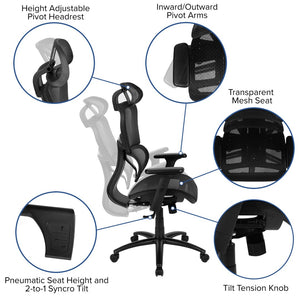 English Elm LO Ergonomic Mesh Office Chair with Adjustable Headrest, Lumbar Support, Synchro-Tilt for Comfort Black H-LC-1388F-1K-BK-GG