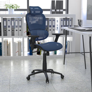 English Elm LO Ergonomic Mesh Office Chair with Adjustable Headrest, Lumbar Support, Synchro-Tilt for Comfort Blue H-LC-1388F-1K-BL-GG