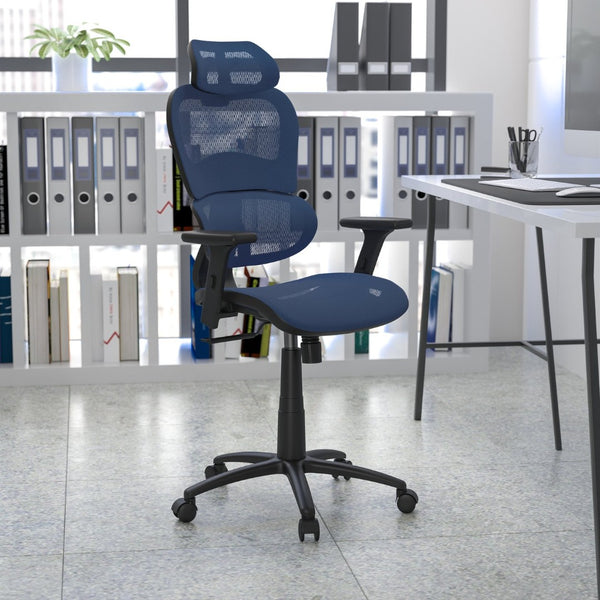 English Elm LO Ergonomic Mesh Office Chair with Adjustable Headrest, Lumbar Support, Synchro-Tilt for Comfort Blue H-LC-1388F-1K-BL-GG
