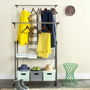 Safavieh Giorgio Chrome Double-Rod Clothes Rack - Elegant, Space-Saving Storage With Integrated Shelving Solutions HAC1019A