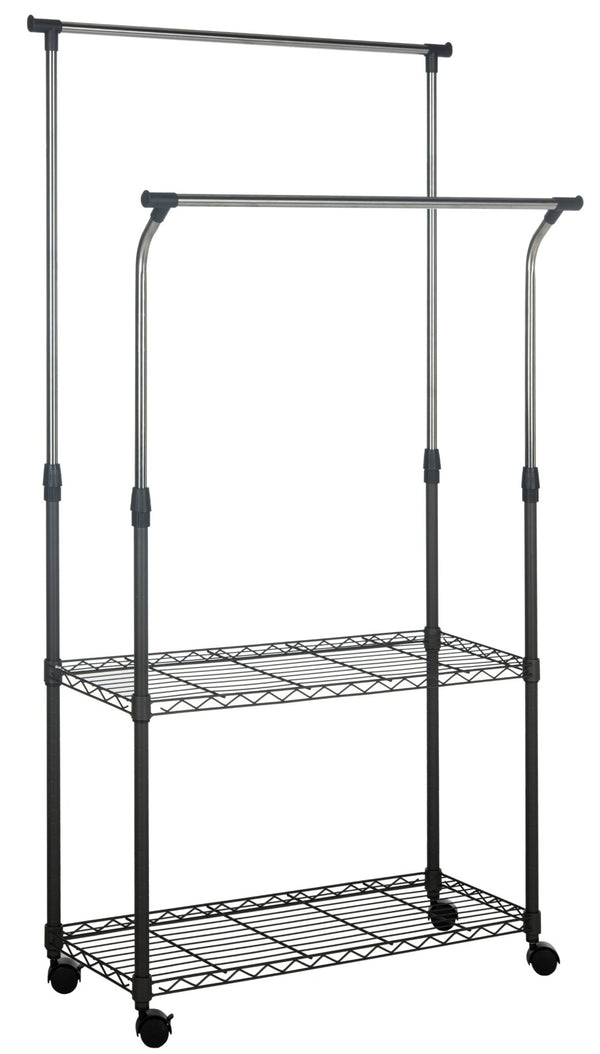 Safavieh Giorgio Chrome Double-Rod Clothes Rack - Elegant, Space-Saving Storage With Integrated Shelving Solutions HAC1019A