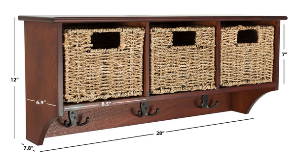 Safavieh Finley Stylish 3-Basket Wall Rack For Efficient Storage In Kitchens, Bathrooms, And Entryways Cherry HAC5700B