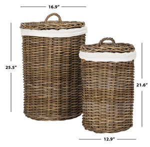 Safavieh Millen Rattan Round Laundry Basket Set Of 2 - Elegant, Breathable Storage With Lids & Liners HAC6001A