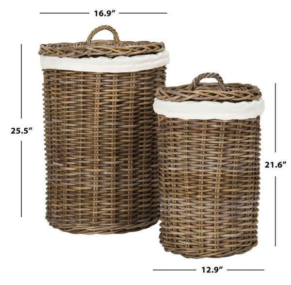 Safavieh Millen Rattan Round Laundry Basket Set Of 2 - Elegant, Breathable Storage With Lids & Liners HAC6001A