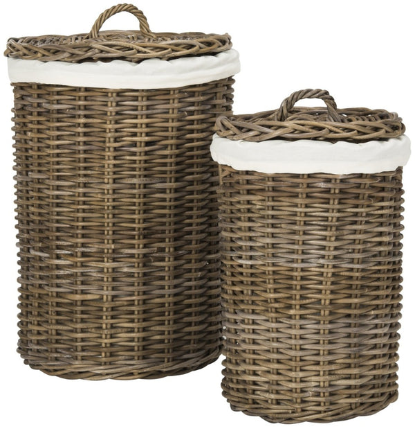 Safavieh Millen Rattan Round Laundry Basket Set Of 2 - Elegant, Breathable Storage With Lids & Liners HAC6001A