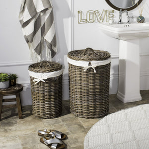 Safavieh Millen Rattan Round Laundry Basket Set Of 2 - Elegant, Breathable Storage With Lids & Liners HAC6001A