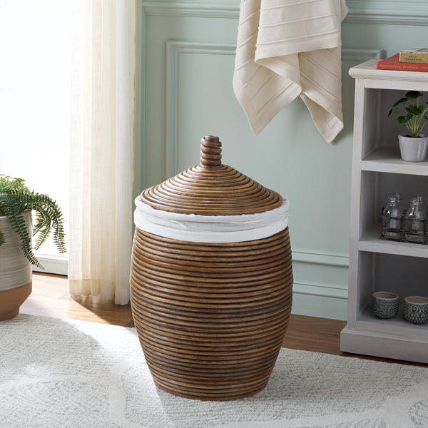 Safavieh Mikkel Laundry Basket - Elegant White & Honey Brown Rattan Design For Stylish Home Organization White ,Honey Brown Wash Rattan And Fabric Hac6503a