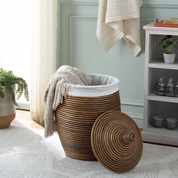 Safavieh Mikkel Laundry Basket - Elegant White & Honey Brown Rattan Design For Stylish Home Organization White ,Honey Brown Wash Rattan And Fabric Hac6503a