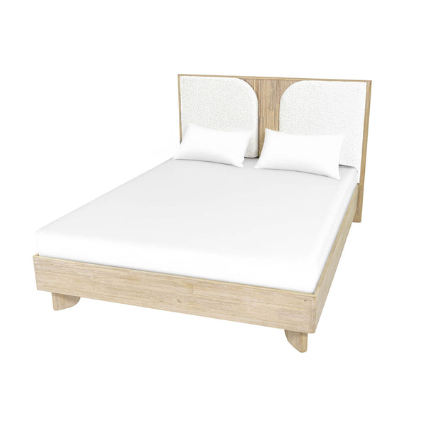 Lh Imports Haru Queen Bed – Elegant Solid Acacia Wood With Unique Headboard & Boucle Texture For Stylish Decor Beige,White Acacia,95% Polyester,5% Acrylic Har001q