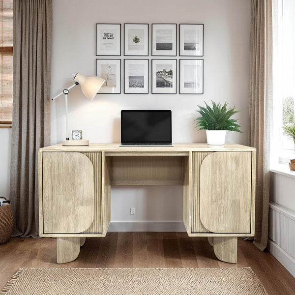 Lh Imports Haru Desk: Elegant Two-door Design With Ample Storage & Unique Legs For Your Stylish Workspace Beige Acacia,Acacia Veneer,Mdf Har013