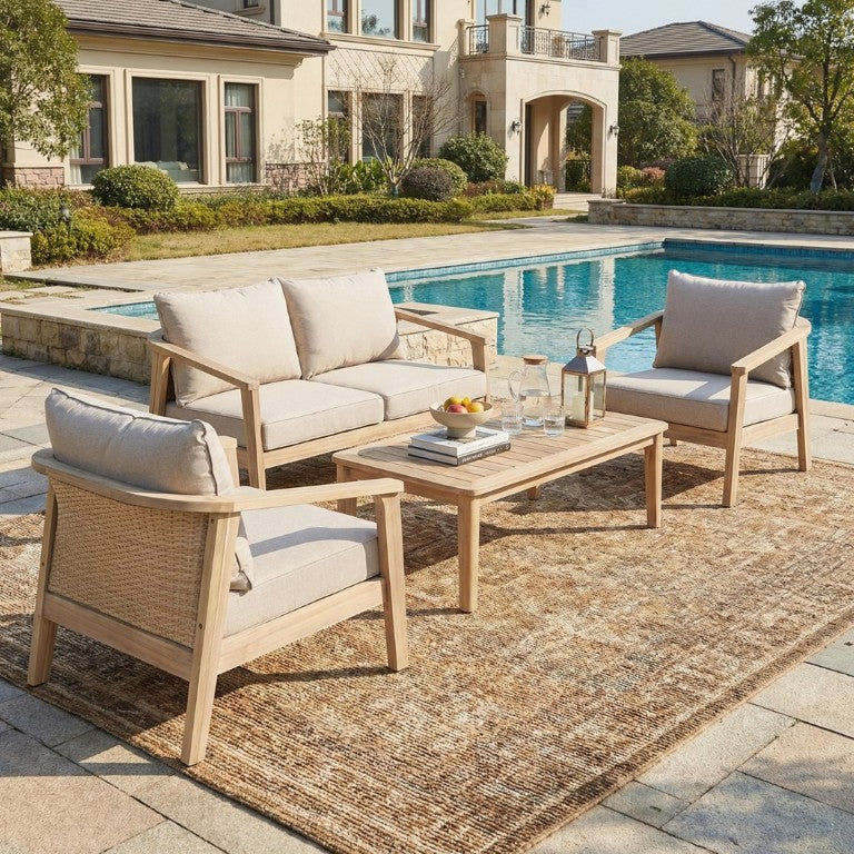 English Elm Hartford Outdoor Acacia and Wicker Four Piece Chat Set for Resort Style Patio Living HARTFORDCHATSET