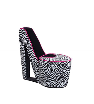 ORE International 32.86 Stiletto Heel Accent Chair Faux Suede Zebra Pattern Hidden Storage Seat Zebra Print w/ Pink Trim, Black Sole HB4258B