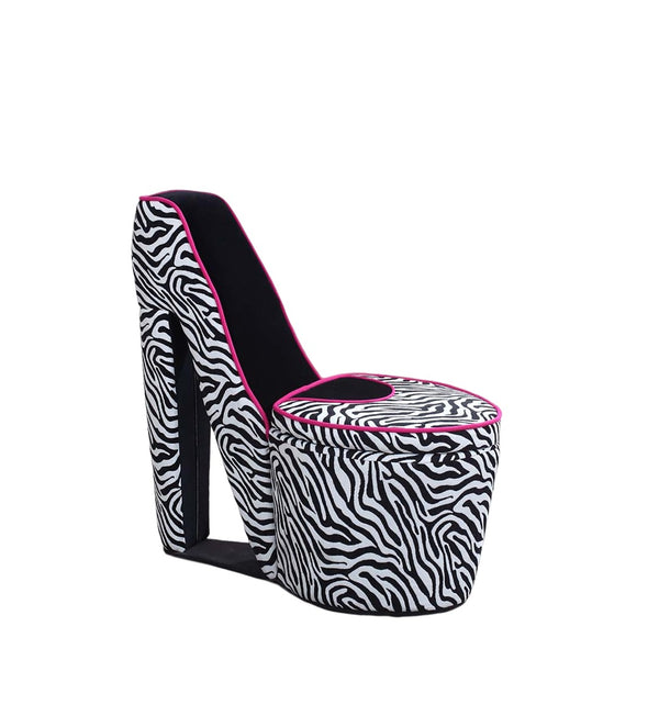 ORE International 32.86 Stiletto Heel Accent Chair Faux Suede Zebra Pattern Hidden Storage Seat Zebra Print w/ Pink Trim, Black Sole HB4258B