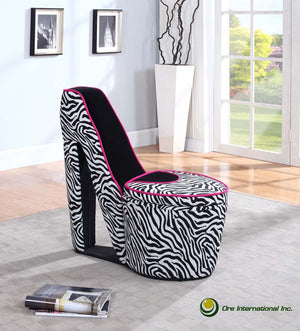 ORE International 32.86 Stiletto Heel Accent Chair Faux Suede Zebra Pattern Hidden Storage Seat Zebra Print w/ Pink Trim, Black Sole HB4258B