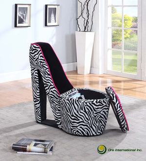 ORE International 32.86 Stiletto Heel Accent Chair Faux Suede Zebra Pattern Hidden Storage Seat Zebra Print w/ Pink Trim, Black Sole HB4258B