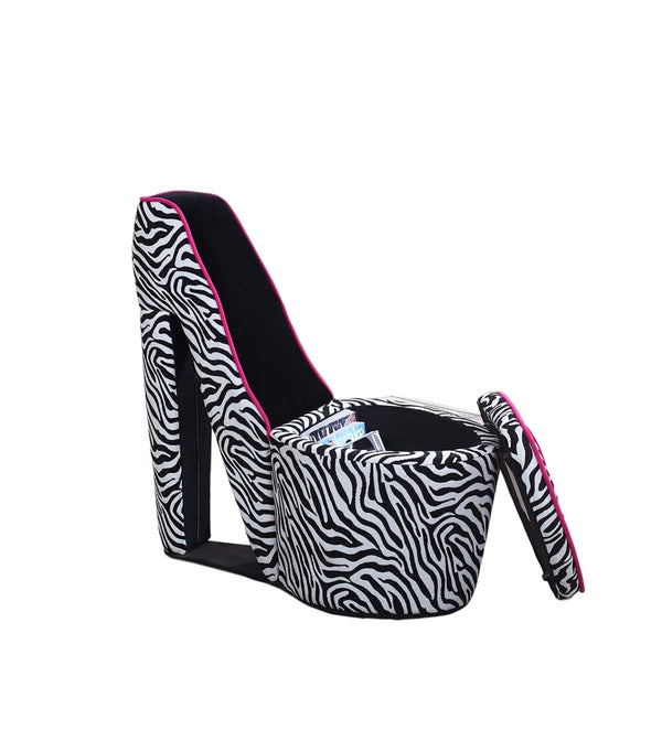 ORE International 32.86 Stiletto Heel Accent Chair Faux Suede Zebra Pattern Hidden Storage Seat Zebra Print w/ Pink Trim, Black Sole HB4258B