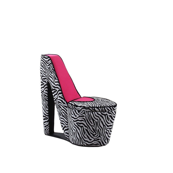ORE International 32.86 Stiletto Heel Accent Chair Faux Suede Zebra Pattern Hidden Storage Seat Zebra Print w/ Black Trim, Pink Sole HB4258R
