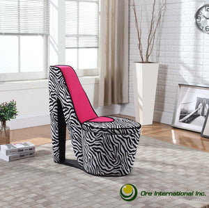 ORE International 32.86 Stiletto Heel Accent Chair Faux Suede Zebra Pattern Hidden Storage Seat Zebra Print w/ Black Trim, Pink Sole HB4258R