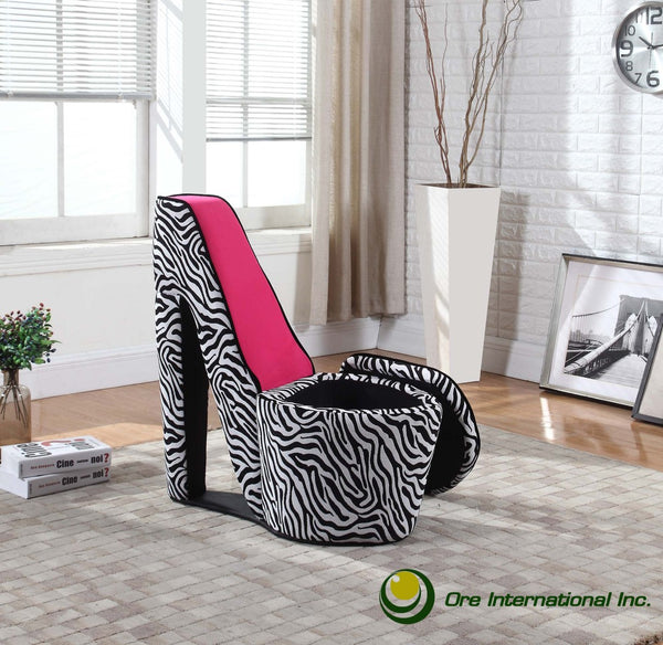 ORE International 32.86 Stiletto Heel Accent Chair Faux Suede Zebra Pattern Hidden Storage Seat Zebra Print w/ Black Trim, Pink Sole HB4258R
