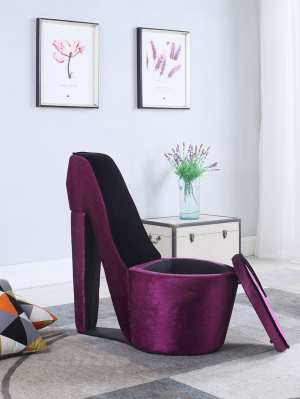 ORE International 32.86 High Heel Accent Chair Faux Suede Storage Seat Bold Vanity Room Decor Purple w/ Black Sole HB4357P