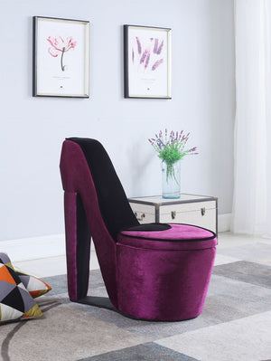 ORE International 32.86 High Heel Accent Chair Faux Suede Storage Seat Bold Vanity Room Decor Purple w/ Black Sole HB4357P