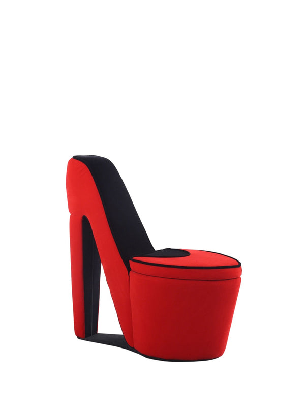 ORE International 32.86 High Heel Accent Chair Faux Suede Storage Seat Bold Vanity Room Decor Red w/ Black Sole HB4357R