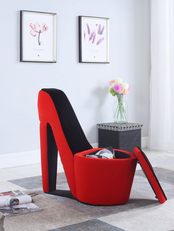 ORE International 32.86 High Heel Accent Chair Faux Suede Storage Seat Bold Vanity Room Decor Red w/ Black Sole HB4357R