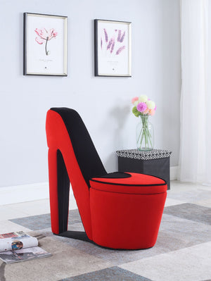 ORE International 32.86 High Heel Accent Chair Faux Suede Storage Seat Bold Vanity Room Decor Red w/ Black Sole HB4357R