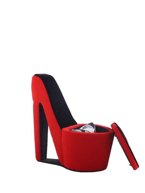 ORE International 32.86 High Heel Accent Chair Faux Suede Storage Seat Bold Vanity Room Decor Red w/ Black Sole HB4357R