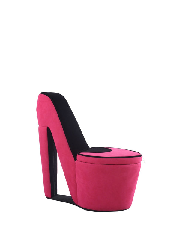 ORE International 32.86 High Heel Accent Chair Faux Suede Storage Seat Bold Vanity Room Decor Pink w/ Black Sole HB4363