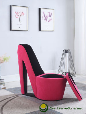 ORE International 32.86 High Heel Accent Chair Faux Suede Storage Seat Bold Vanity Room Decor Pink w/ Black Sole HB4363