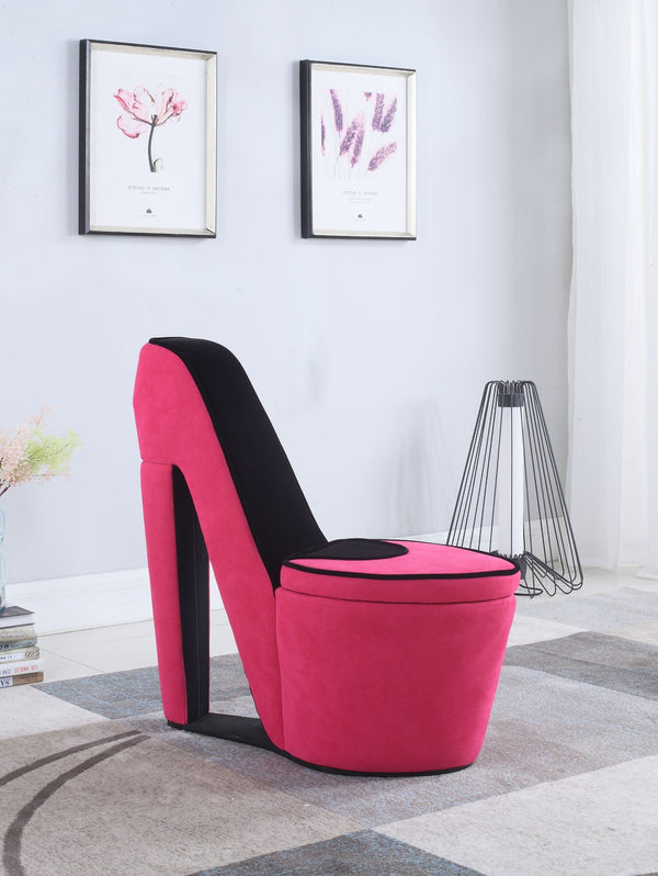 ORE International 32.86 High Heel Accent Chair Faux Suede Storage Seat Bold Vanity Room Decor Pink w/ Black Sole HB4363