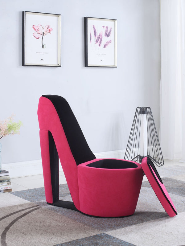 ORE International 32.86 High Heel Accent Chair Faux Suede Storage Seat Bold Vanity Room Decor Pink w/ Black Sole HB4363