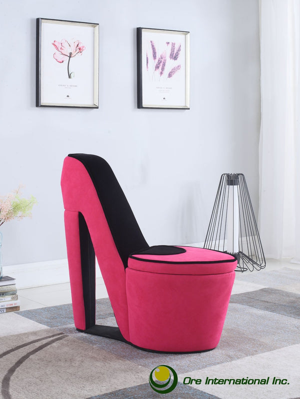 ORE International 32.86 High Heel Accent Chair Faux Suede Storage Seat Bold Vanity Room Decor Pink w/ Black Sole HB4363