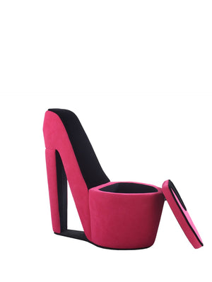 ORE International 32.86 High Heel Accent Chair Faux Suede Storage Seat Bold Vanity Room Decor Pink w/ Black Sole HB4363