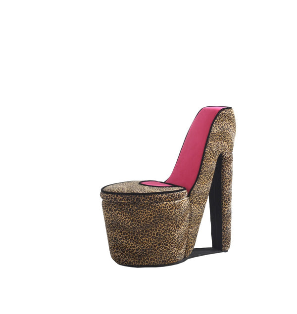ORE International 32.86 Sculptural High Heel Storage Chair Faux Suede Animal Print Vanity Accent Cheetah Print w/ Black Trim, Pink Sole HB4393