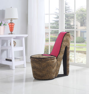 ORE International 32.86 Sculptural High Heel Storage Chair Faux Suede Animal Print Vanity Accent Cheetah Print w/ Black Trim, Pink Sole HB4393
