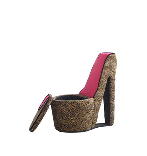 ORE International 32.86 Sculptural High Heel Storage Chair Faux Suede Animal Print Vanity Accent Cheetah Print w/ Black Trim, Pink Sole HB4393
