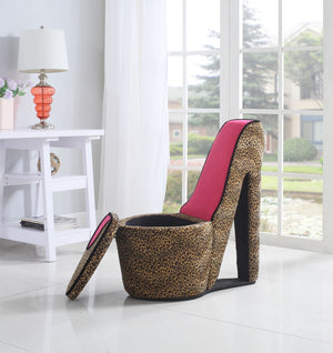 ORE International 32.86 Sculptural High Heel Storage Chair Faux Suede Animal Print Vanity Accent Cheetah Print w/ Black Trim, Pink Sole HB4393