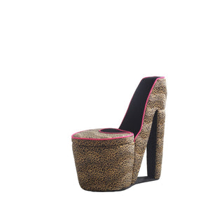 ORE International 32.86 Sculptural High Heel Storage Chair Faux Suede Animal Print Vanity Accent Cheetah Print w/ Pink Trim, Black Sole HB4394