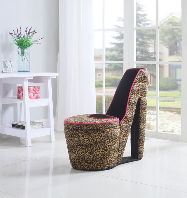 ORE International 32.86 Sculptural High Heel Storage Chair Faux Suede Animal Print Vanity Accent Cheetah Print w/ Pink Trim, Black Sole HB4394