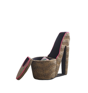 ORE International 32.86 Sculptural High Heel Storage Chair Faux Suede Animal Print Vanity Accent Cheetah Print w/ Pink Trim, Black Sole HB4394