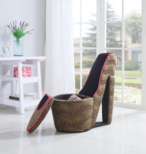 ORE International 32.86 Sculptural High Heel Storage Chair Faux Suede Animal Print Vanity Accent Cheetah Print w/ Pink Trim, Black Sole HB4394