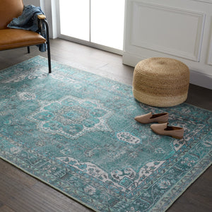Jaipur Living Kate Lester + Jaipur Living Harman Tamara Updated Traditional Rustic Machine Made Indoor Rug Teal 7'6"x10'