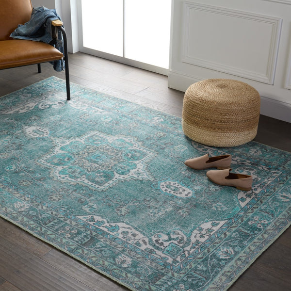 Jaipur Living Kate Lester + Jaipur Living Harman Tamara Updated Traditional Rustic Machine Made Indoor Rug Teal 7'6"x10'