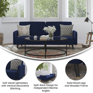 English Elm Sophia Premium Split Back Futon Sofa - Stylish Convertible Sleeper Couch in Navy Velvet for Small Spaces HC-1044-NV-GG