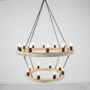 Zeugma Hd123 Stunning Two-tier Chandelier With Antique Wood Finish And Elegant Gold Leaf Accents For Home Décor Natural Oak Finish With Aged Iron Chains And Cluster Wood Frame With Aged Iron Finish Metal Cluster Hd123 Natural Oak & Aged Iron