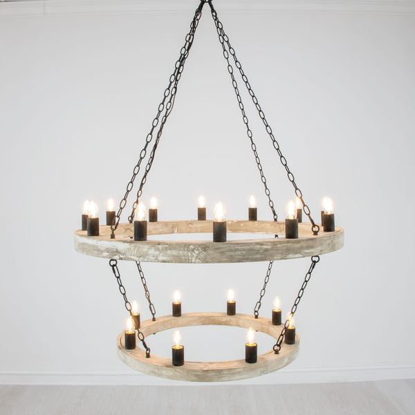 Zeugma Hd123 Stunning Two-tier Chandelier With Antique Wood Finish And Elegant Gold Leaf Accents For Home Décor Natural Oak Finish With Aged Iron Chains And Cluster Wood Frame With Aged Iron Finish Metal Cluster Hd123 Natural Oak & Aged Iron