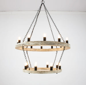 Zeugma Hd123 Stunning Two-tier Chandelier With Antique Wood Finish And Elegant Gold Leaf Accents For Home Décor Natural Oak Finish With Aged Iron Chains And Cluster Wood Frame With Aged Iron Finish Metal Cluster Hd123 Natural Oak & Aged Iron