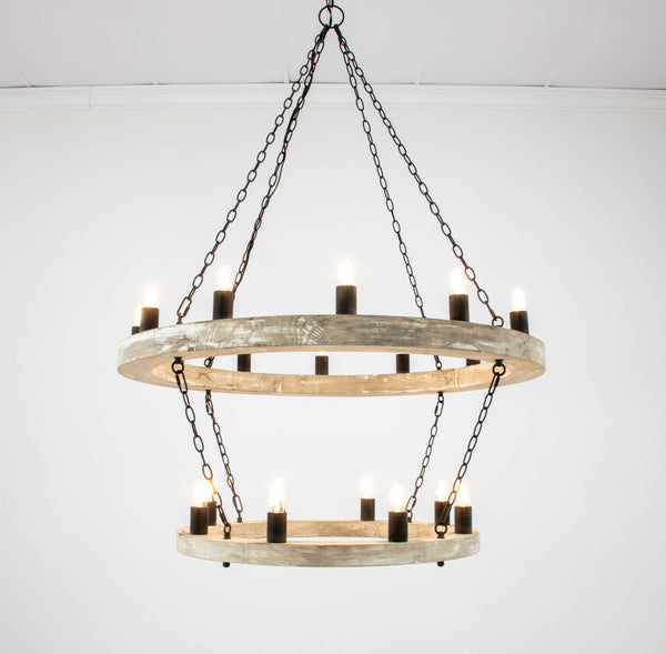 Zeugma Hd123 Stunning Two-tier Chandelier With Antique Wood Finish And Elegant Gold Leaf Accents For Home Décor Natural Oak Finish With Aged Iron Chains And Cluster Wood Frame With Aged Iron Finish Metal Cluster Hd123 Natural Oak & Aged Iron